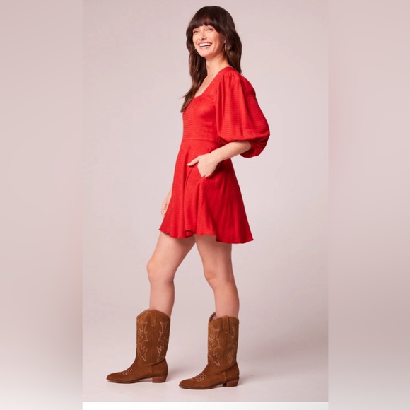 JOSETTE RED PUFF SLEEVE MINI DRESS - Picture 3 of 4